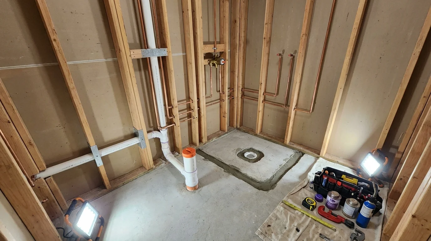 Bathroom rough-in plumbing during remodel by Johns Plumbing LLC in Chouteau