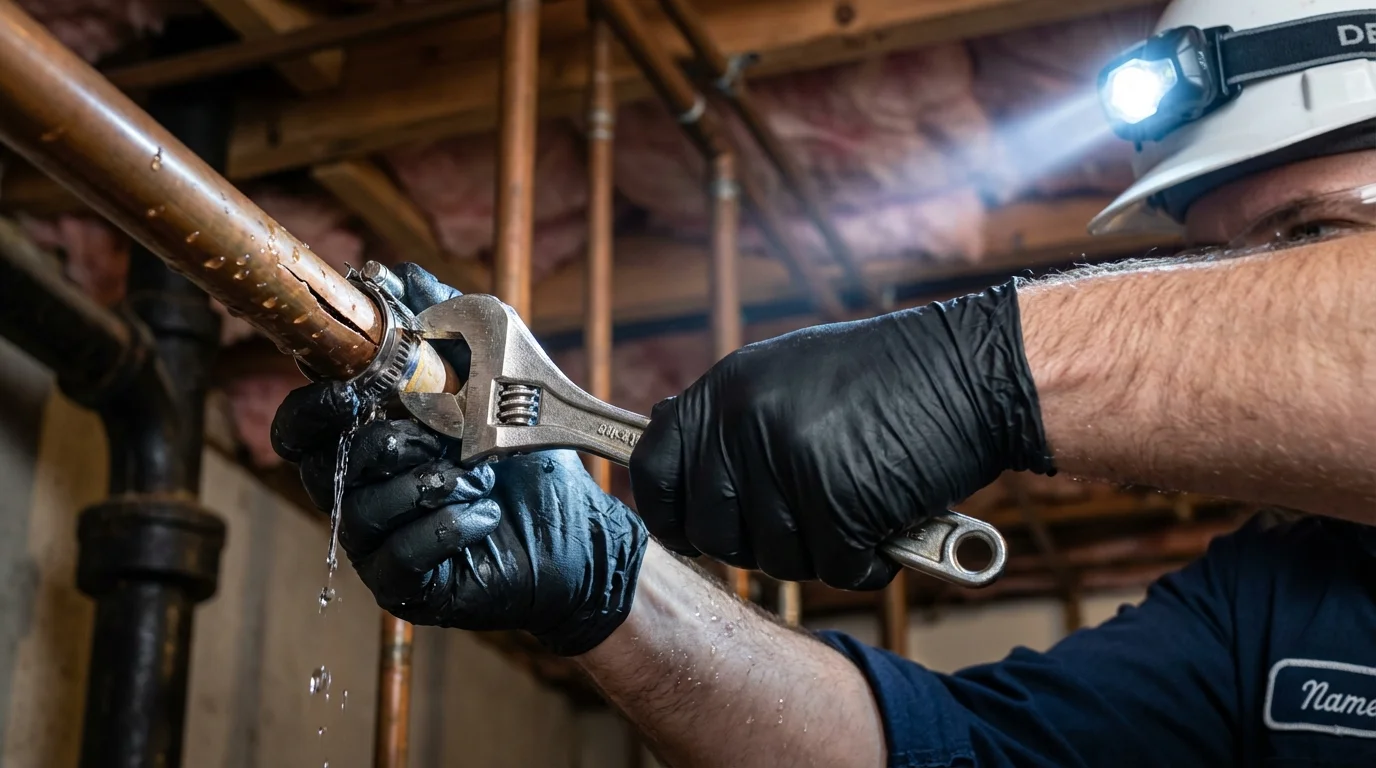 Emergency pipe clamp repair being performed by a Johns Plumbing LLC plumber in Chouteau