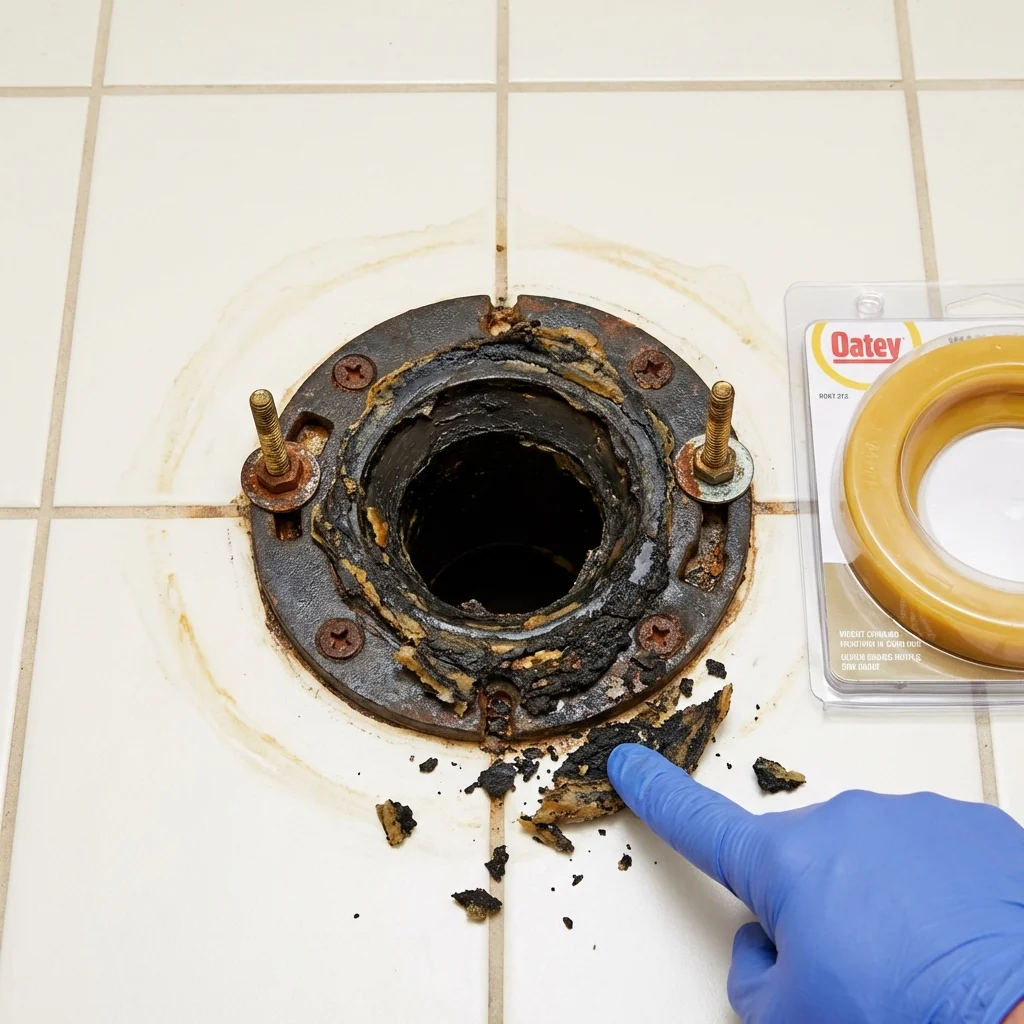 Failed wax ring showing water seepage at the base of a toilet in a Chouteau, OK home