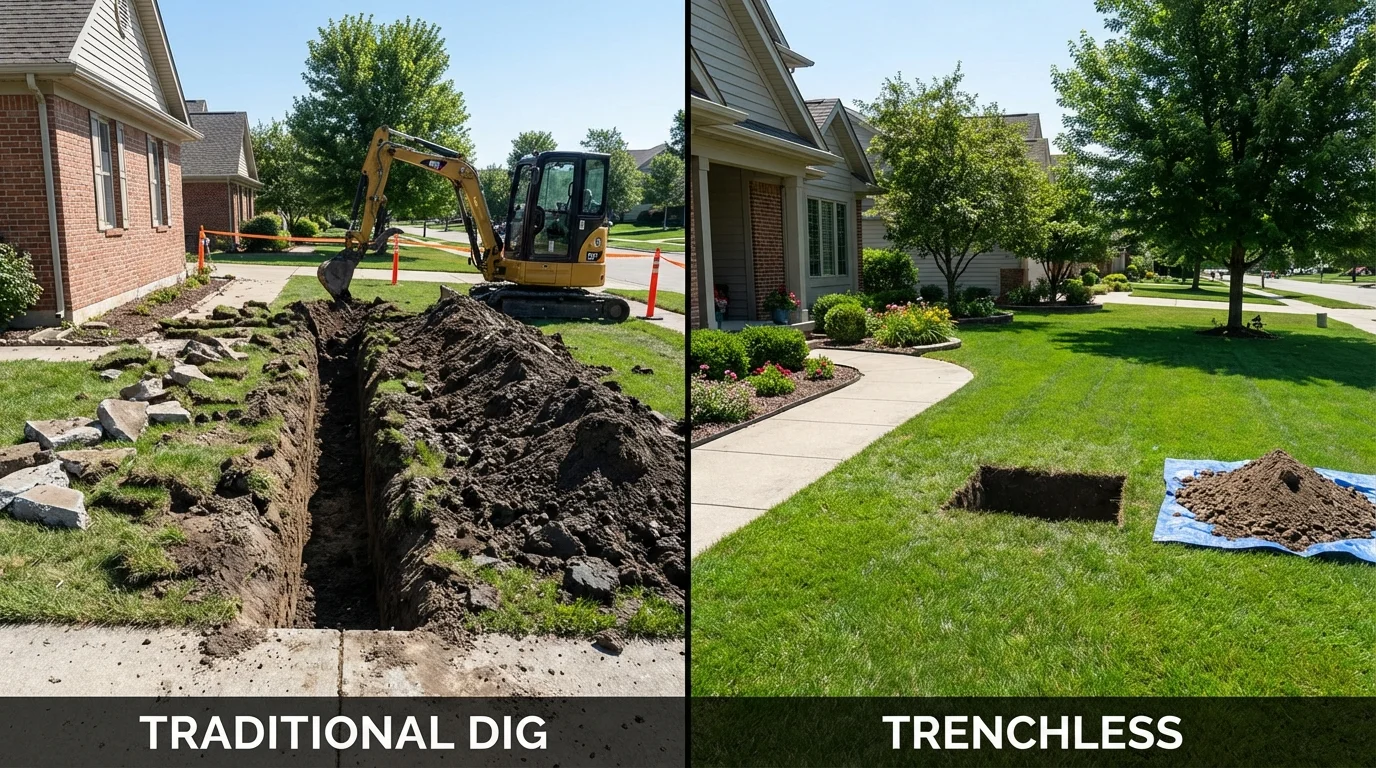 Trenchless sewer repair with minimal yard damage versus traditional excavation in Chouteau, OK