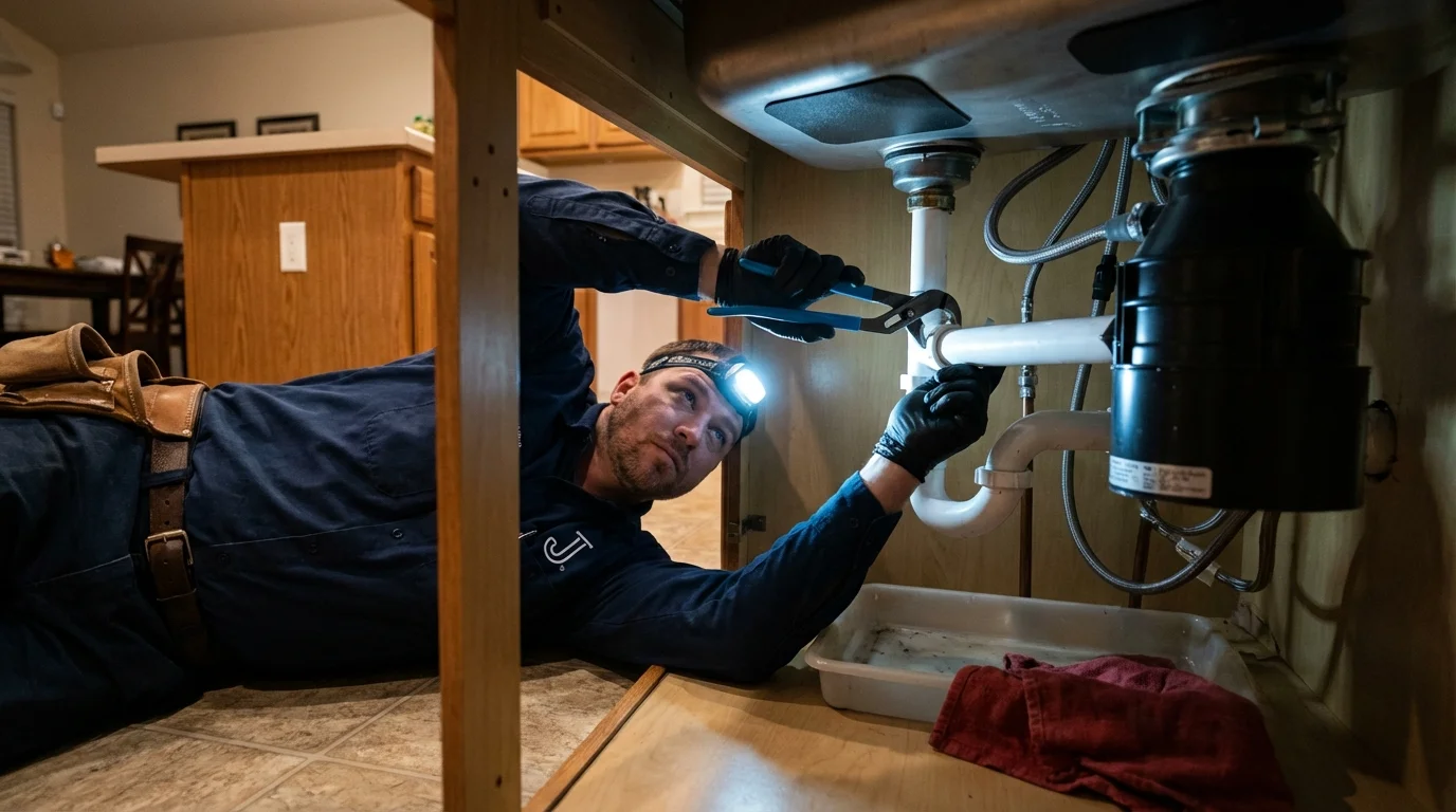 P-trap and supply line connections under a kitchen sink showing a common leak point in Chouteau, OK